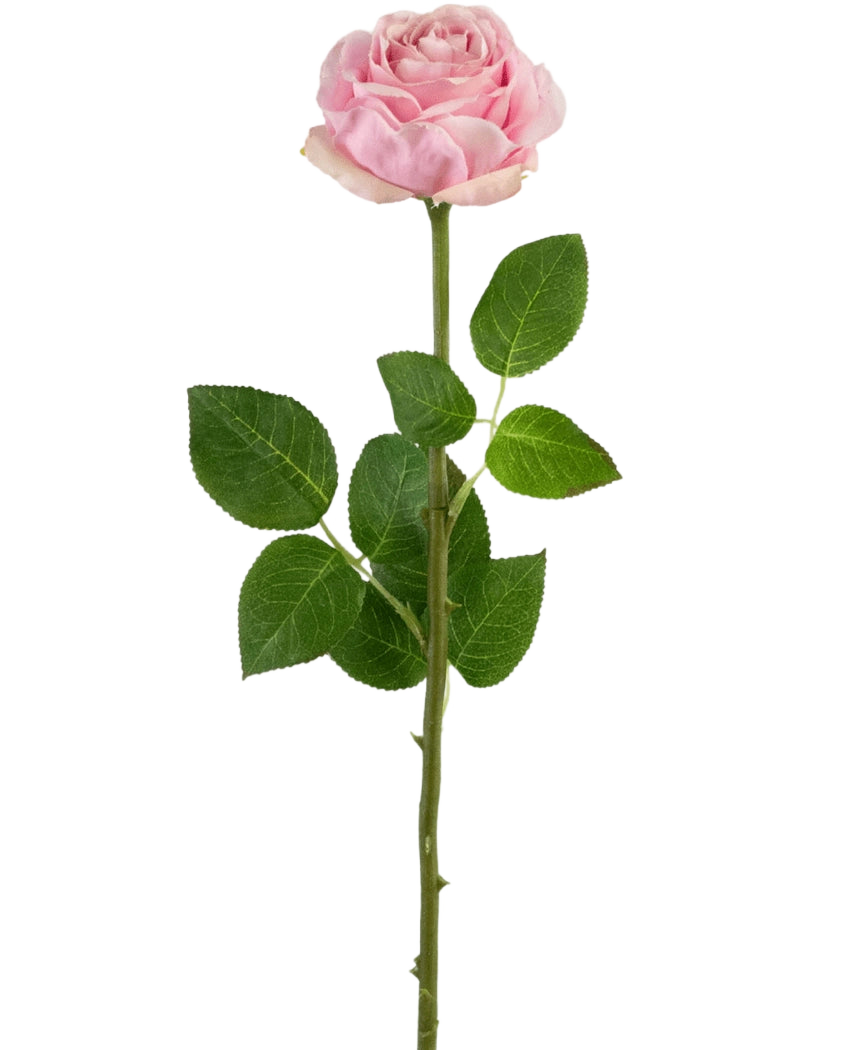 La rosa artificiale Real Touch 56 cm rosa chiaro è una rosa artificiale singola rosa chiaro con un lungo stelo verde, molteplici foglie verdi e spine visibili, raffigurata su un semplice sfondo bianco.