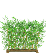 Il paravento UV per piante artificiali in bambù 70x120 cm ha foglie verdi realistiche e steli di bambù naturale in una base rettangolare in legno, perfetto come paravento decorativo.