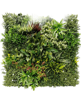 La siepe artificiale Prestiage 100x100 cm UV è un pannello da giardino verticale denso con varie piante verdi e fogliame disposte a quadrato, con diverse forme, dimensioni e sfumature di verde delle foglie.