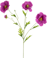 Il papavero artificiale Real Touch Purple da 65 cm ha un unico stelo verde con tre fiori viola che sbocciano e diversi boccioli, ciascun fiore con un centro giallo e delicate foglie verdi, il tutto su un semplice sfondo bianco.