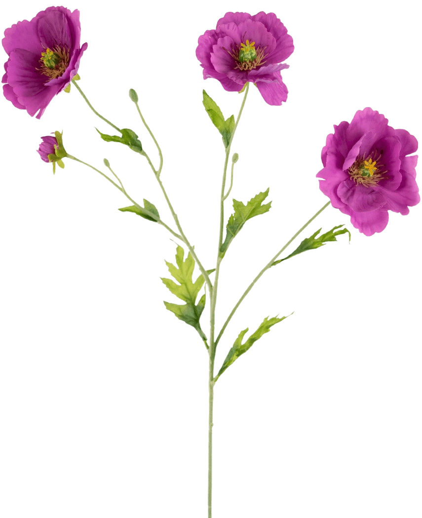Il papavero artificiale Real Touch Purple da 65 cm ha un unico stelo verde con tre fiori viola che sbocciano e diversi boccioli, ciascun fiore con un centro giallo e delicate foglie verdi, il tutto su un semplice sfondo bianco.