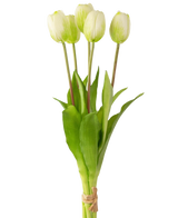Il bouquet di tulipani artificiali Real Touch Verde/Bianco da 40 cm è composto da cinque tulipani bianchi realistici con steli e foglie verdi, legati insieme con spago, su un semplice sfondo bianco.