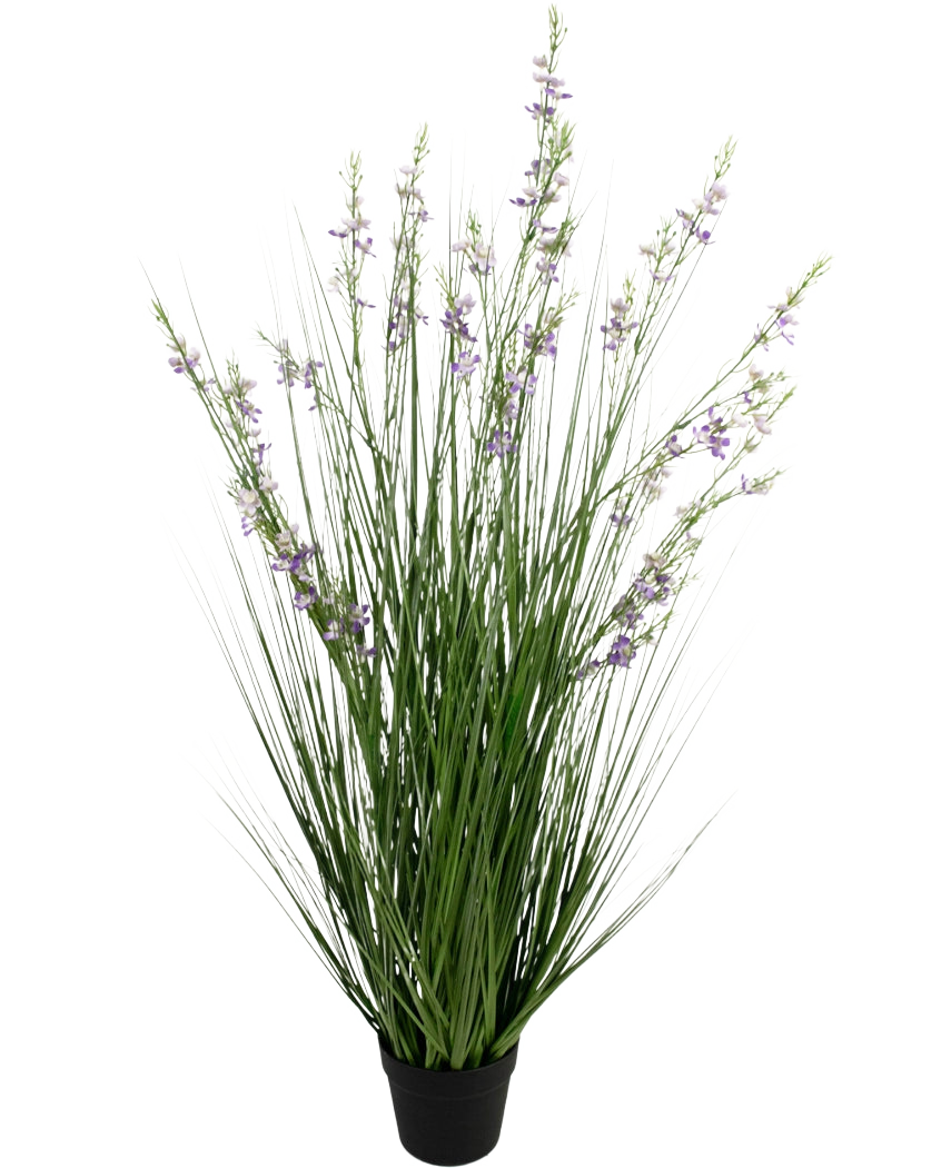L'erba artificiale bonsai di miglio-cipolla ignifuga da 120 cm ha foglie verdi alte e sottili simili a erba e steli lunghi con delicati fiori viola in un vaso nero, su uno sfondo bianco.