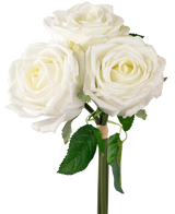 Un primo piano del bouquet di rose artificiali Real Touch White da 30 cm mostra tre rose artificiali bianche con foglie verdi su uno stelo, su uno sfondo bianco.