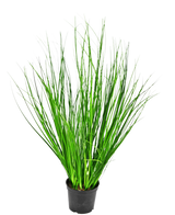 L'erba artificiale cipolla ignifuga da 58 cm è un'erba alta decorativa con sottili fili verdi in un vaso di plastica nera, raffigurata su un semplice sfondo bianco.