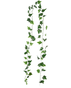 Due lunghi fili di edera artificiale verde/bianca da 180 cm sono appesi verticalmente su uno sfondo bianco.