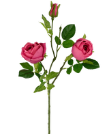 Il ramo di rosa artificiale Real Touch rosa scuro da 72 cm ha un singolo stelo verde con due rose rosa scuro in fiore, un bocciolo di rosa nella parte superiore e diverse foglie verdi su un semplice sfondo bianco.