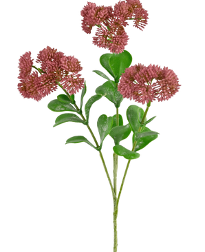Un ramo di Sedum artificiale di 56 cm di colore rosa con foglie verdi e mazzi di piccoli fiori rotondi e sottili di colore rosa-rosso su sfondo bianco.