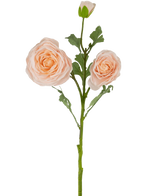 La rosa artificiale "Emine" Real Touch Peach 62 cm ha un unico stelo verde con due grandi rose artificiali color pesca chiaro in piena fioritura più un bocciolo di rosa, il tutto su un semplice sfondo bianco.