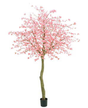 L'albero artificiale fiore di ciliegio rosa 330 cm ha un tronco marrone ricurvo e abbondanti fiori rosa su uno sfondo bianco a tinta unita.
