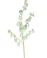 Un singolo stelo di orchidea ramo artificiale da 80 cm in turchese ha diversi piccoli fiori e boccioli artificiali, su uno sfondo bianco semplice.