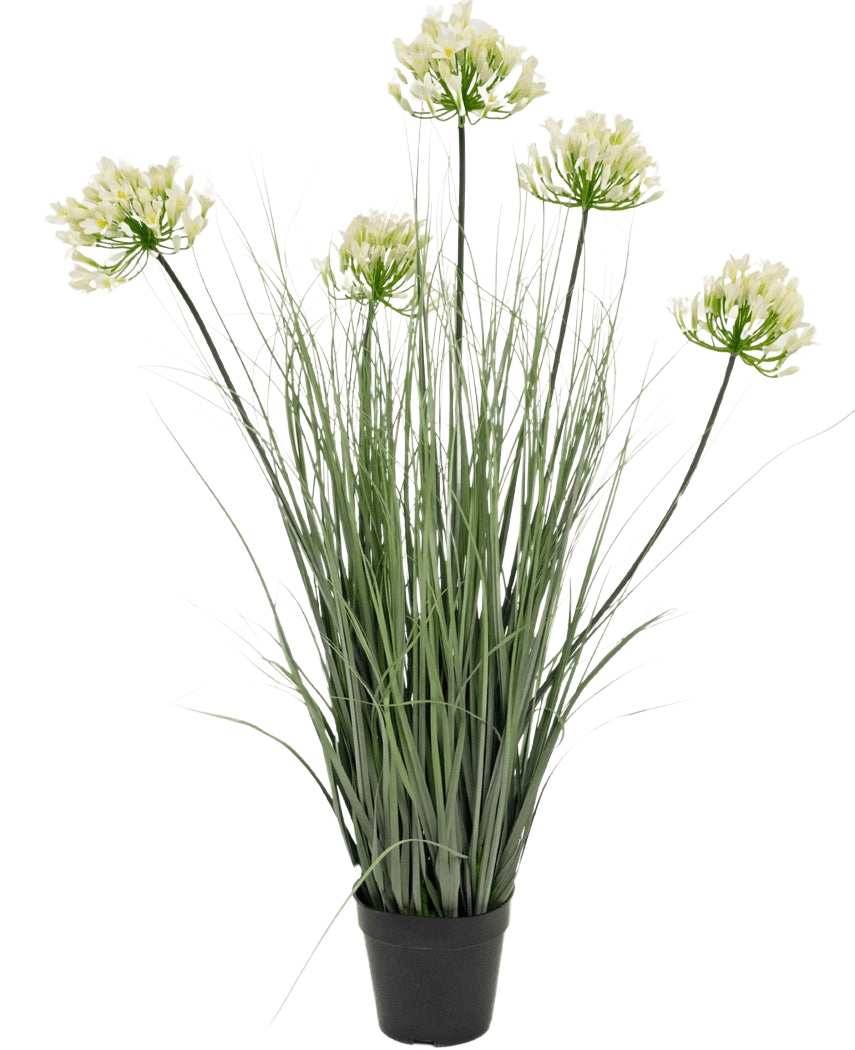 L'erba artificiale bianca Agapanthus cipolla erba vaso 90 cm ignifugo è una pianta artificiale in vaso con alte foglie verdi e sei mazzi di piccoli fiori giallo chiaro su lunghi steli, su un semplice sfondo bianco.