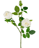 Il ramo di rosa artificiale Real Touch bianco da 72 cm ha un unico stelo con due rose bianche in fiore, un bocciolo di rosa e diverse foglie verdi, il tutto su un semplice sfondo bianco.