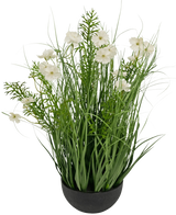 Il vaso per erba artificiale a cipolla bianca Gesang Flower (56 cm, ignifugo) ha alte foglie verdi simili a erba e delicati fiori bianchi in un vaso nero per un aspetto lussureggiante e naturale.