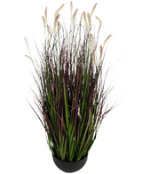 L'erba artificiale Bruco Cipolla Bonsai è una pianta artificiale ignifuga di 100 cm con lunghe lame verdi e viola scuro con morbidi pennacchi color crema, raffigurati su un semplice sfondo bianco.