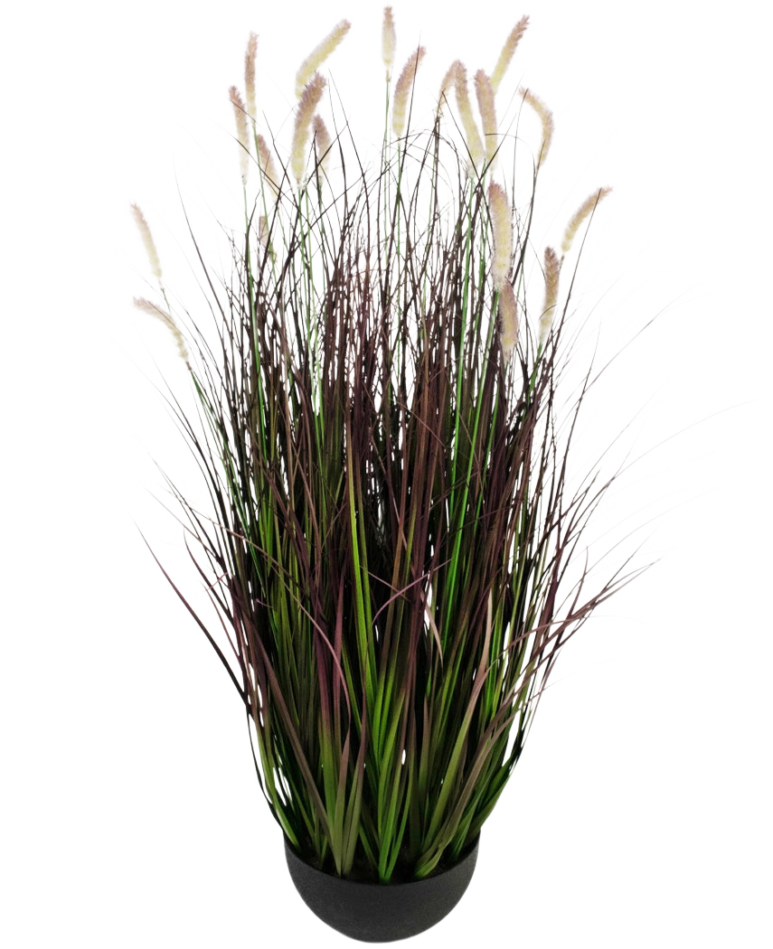 L'erba artificiale Bruco Cipolla Bonsai è una pianta artificiale ignifuga di 100 cm con lunghe lame verdi e viola scuro con morbidi pennacchi color crema, raffigurati su un semplice sfondo bianco.