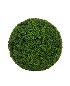 Una fitta pianta artificiale rotonda in legno di bosso in stile romano UV D55 cm topiaria con foglie artificiali di bosso verde su uno sfondo bianco semplice.