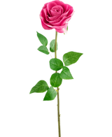 La rosa artificiale Real Touch da 56 cm è composta da un'unica rosa artificiale rosa con foglie verdi realistiche su un lungo stelo, su uno sfondo bianco a tinta unita.