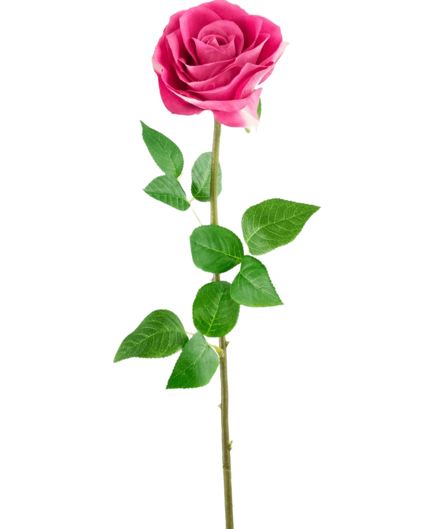 La rosa artificiale Real Touch da 56 cm è composta da un'unica rosa artificiale rosa con foglie verdi realistiche su un lungo stelo, su uno sfondo bianco a tinta unita.