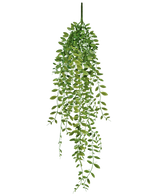La pianta succulenta artificiale pensile da 76 cm ha foglie verdi e steli sottili su uno sfondo bianco semplice.