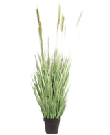 Pianta erba artificiale verde ignifuga da 160 cm con lame lunghe e sottili e teste di semi in un piccolo vaso nero. Ideale come pianta finta elegante e ignifuga per ogni stanza.