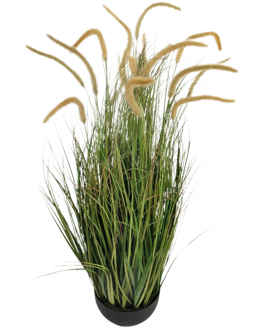 L'erba artificiale Dogtail cipolla erba ramo 110 cm ignifugo è una pianta di erba artificiale in vaso con foglie verdi lunghe e strette e teste di semi beige alte e soffici, raffigurate su un semplice sfondo bianco.