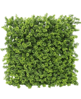 La Siepe Artificiale Muschiata 50x50 cm UV è un fitto pannello quadrato di fogliame verde artificiale con piccoli rami fogliari, raffigurati dall'alto su sfondo bianco.