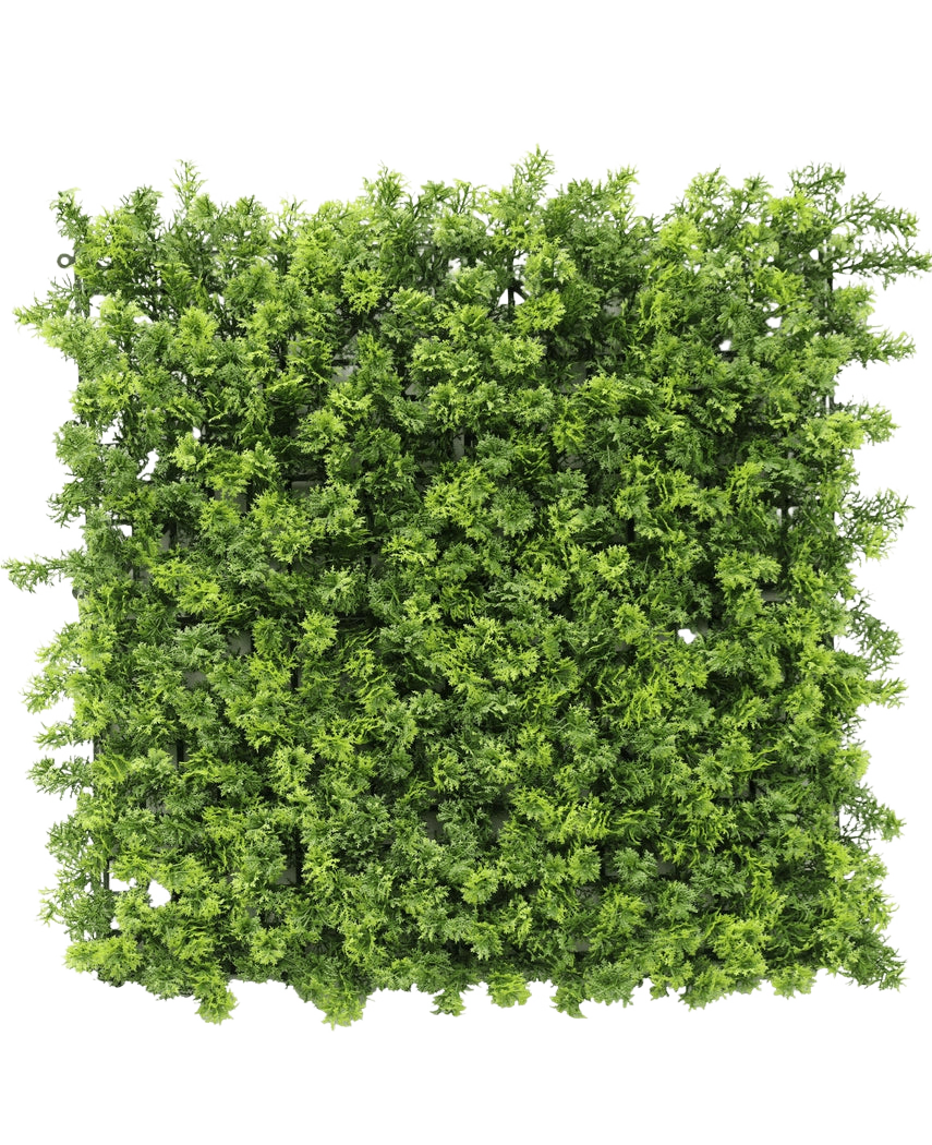 La Siepe Artificiale Muschiata 50x50 cm UV è un fitto pannello quadrato di fogliame verde artificiale con piccoli rami fogliari, raffigurati dall'alto su sfondo bianco.