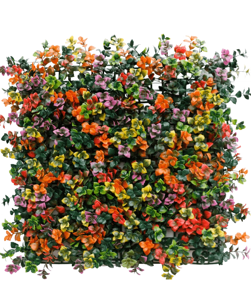 La Siepe Artificiale Pachysandra multicolore 50x50 cm UV è un pannello quadrato con fitte foglie verdi artificiali e piccoli fiori arancioni, rosa, gialli e viola per un effetto giardino verticale colorato e vivace.