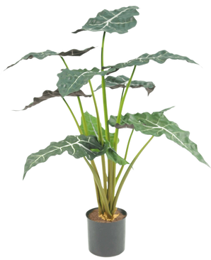 La pianta artificiale Alocasia UV 67 cm è una pianta artificiale in vaso con grandi foglie verde scuro a forma di freccia e sorprendenti venature bianche, raffigurate su un semplice sfondo bianco.