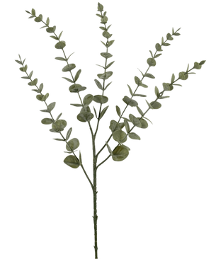 Il fiore artificiale Eucalipto Yugali 71 cm è un unico stelo artificiale con cinque rami ramificati e piccole foglie verdi rotonde, raffigurate isolate su uno sfondo bianco.