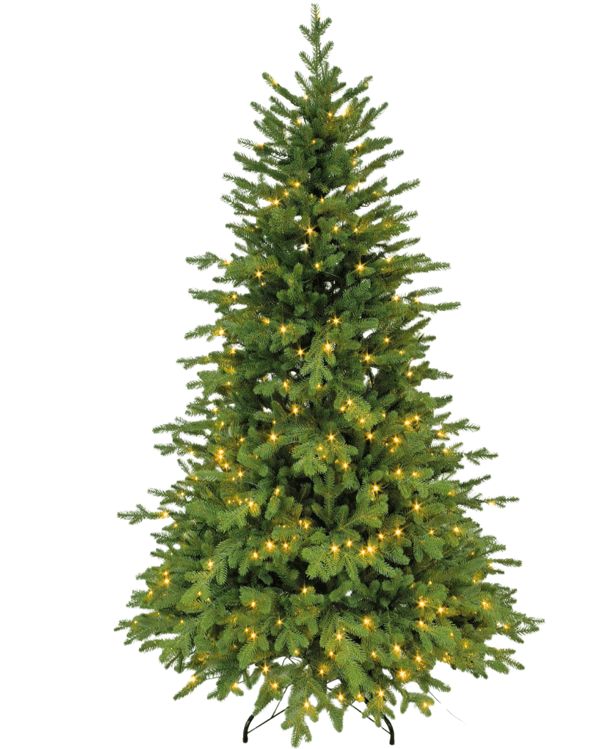 L'albero di Natale artificiale "Vinje" 100% PE - Smart LED è un albero di Natale artificiale verde con aghi in PE e piccole luci bianche calde su un supporto in metallo nero, che offre un aspetto realistico su uno sfondo bianco semplice.
