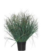 L'erba artificiale per prato verde 50 cm ignifuga è una pianta verde in vaso con foglie lunghe e sottili e alcune punte marroni secche, che dona un aspetto naturale a qualsiasi stanza su un semplice sfondo bianco.