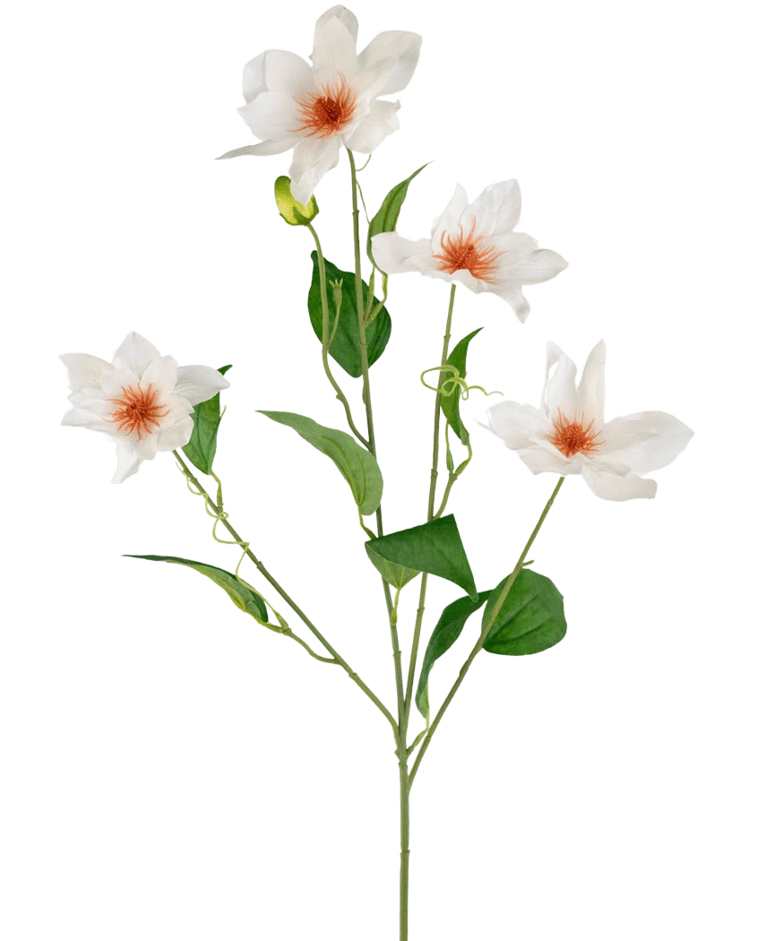 La Clematide artificiale Real Touch White da 88 cm ha uno stelo con quattro fiori bianchi con un cuore arancione e diverse foglie verdi su rami sottili, su uno sfondo bianco semplice.