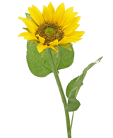 Il girasole artificiale Deluxe da 52 cm è un girasole artificiale con petali gialli brillanti, un cuore marrone scuro e foglie verdi su un lungo stelo, fotografato su un semplice sfondo bianco.