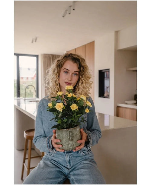 Una donna con i capelli biondi ricci, vestita con abiti in denim, siede in una cucina moderna con la Pianta Artificiale Mini Rose UV 35 cm gialla tra le mani e guarda dritto nella telecamera.