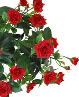 Una pianta artificiale per patio, 35 cm, in rosso/nero, caratterizzata da rose rosse realistiche e vivaci con foglie verdi sugli steli, su uno sfondo bianco.