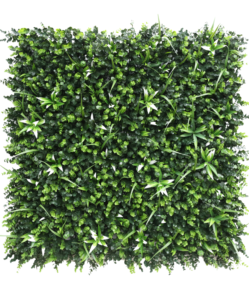 La siepe artificiale Falò 100x100 cm UV è un pannello quadrato di fitto fogliame verde artificiale con varie piante dal fogliame piccolo e foglie appuntite e variegate su uno sfondo bianco semplice.