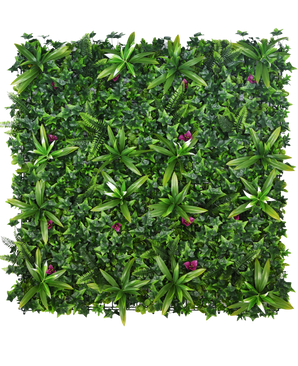 La siepe artificiale Olivine 100x100 cm UV è un pannello da giardino verticale denso con piante a foglia verde con piccoli fiori viola, perfetto per aggiungere verde vibrante a qualsiasi spazio.