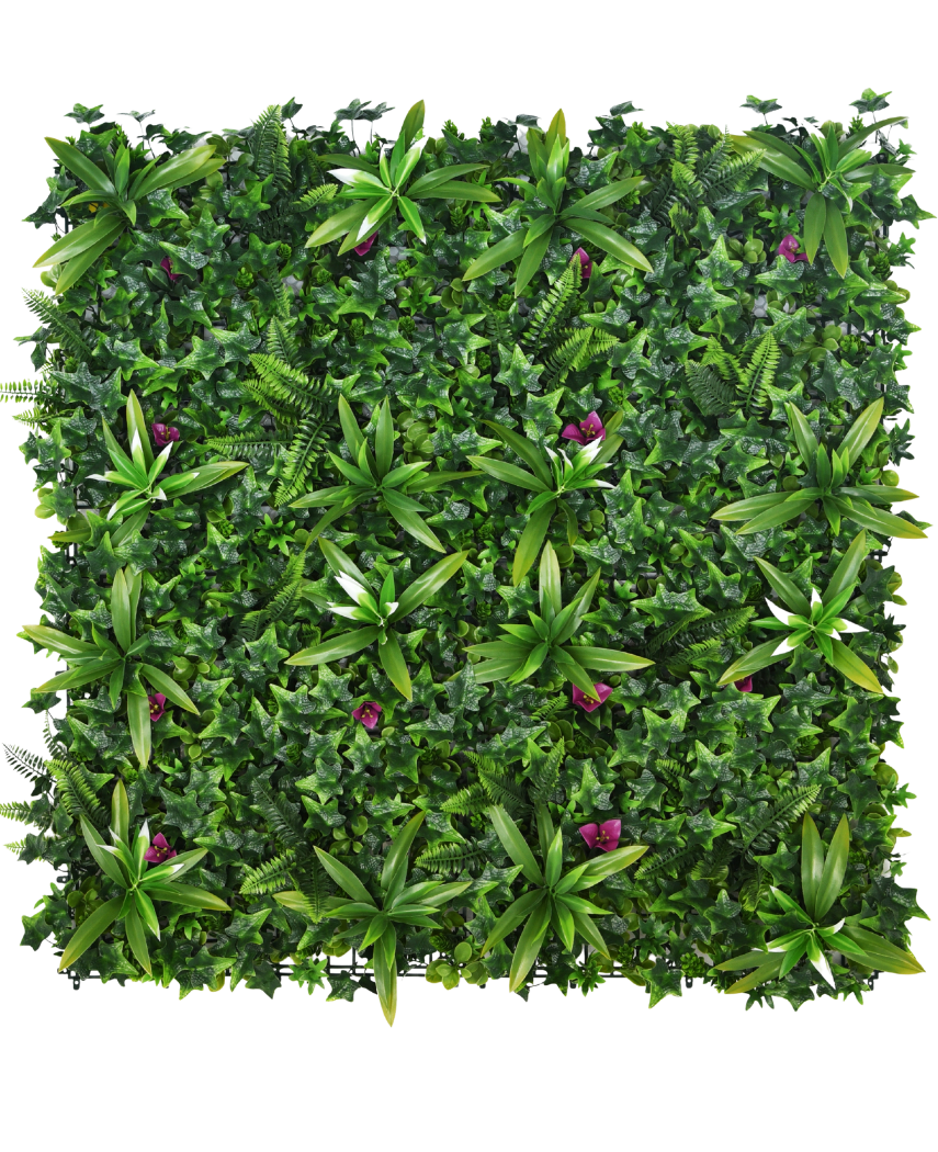 La siepe artificiale Olivine 100x100 cm UV è un pannello da giardino verticale denso con piante a foglia verde con piccoli fiori viola, perfetto per aggiungere verde vibrante a qualsiasi spazio.