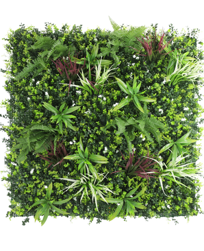 La siepe artificiale Rona 100x100 cm UV è un pannello quadrato con un rigoglioso mix di fogliame verde, felci e piccole piante frondose con accenti bianchi e bordeaux, il tutto su un fresco sfondo bianco.