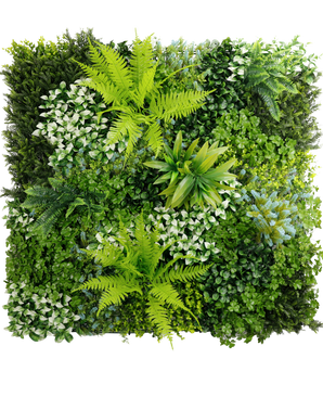 La Siepe Artificiale Cloe 100x100 cm UV è un giardino verticale quadrato con un mix di piante verdeggianti e felci con foglie di varie forme, dimensioni e tonalità per un muro di fogliame denso, strutturato e vivace.