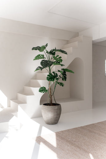 De Kunstplant Monstera 210 cm, met brede groene bladeren, staat op een witte vloer in een lichte, minimalistische kamer met witte muren, een trap en natuurlijk zonlicht.