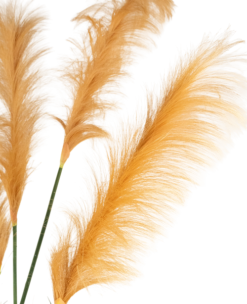 Tre steli ignifughi di erba di pampa artificiale di colore arancione dorato da 150 cm mostrano pennacchi leggeri come piume su uno sfondo bianco. Le texture morbide e delicate sono magnificamente valorizzate dall'illuminazione.
