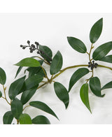 Een Kunst Smilax Slinger van 180 cm met lange, smalle groene bladeren en kleine trossen donkere, ronde bessen, afgebeeld tegen een witte achtergrond.
