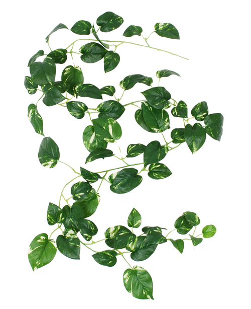 Ghirlanda di vite dorata artificiale da 180 cm con foglie verdi a forma di cuore e segni gialli, raffigurata su uno sfondo bianco.