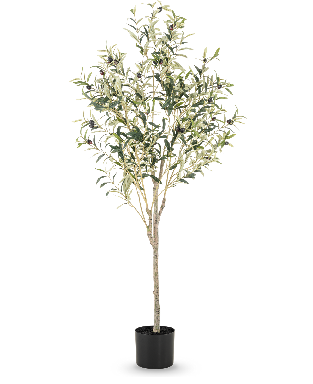 L'Ulivo Artificiale da 150 cm ha rami sottili e foglie verdi con piccole olive nere in un semplice vaso nero, ideale per aggiungere un'atmosfera mediterranea a qualsiasi stanza.