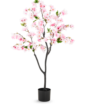 Kunst Kersenbloesem 120 cm roze met roze bloemen en groene bladeren in een zwarte pot, gemaakt van zijde bloemen voor een realistische uitstraling, tegen een witte achtergrond.