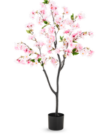 Fiore di ciliegio artificiale 120 cm rosa con fiori rosa e foglie verdi in un vaso nero, realizzato con fiori di seta per un aspetto realistico, su uno sfondo bianco.