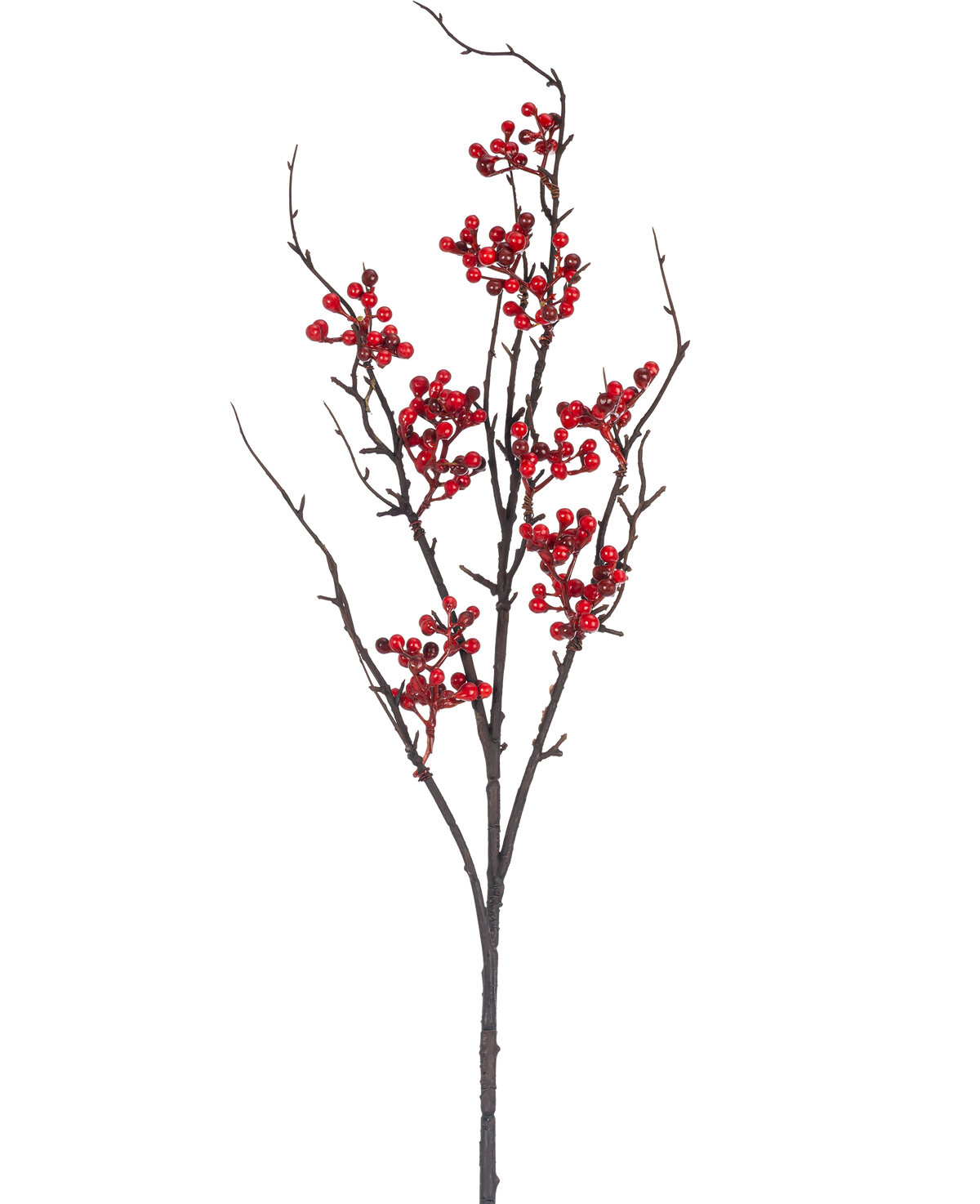 La bacca artificiale da 93 cm rossa ha un ramo nudo marrone con molteplici germogli e grappoli di bacche rosso vivo su uno sfondo bianco semplice.